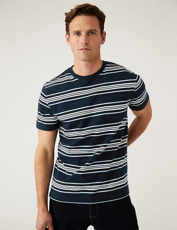 Marks and Spencer near me - Men Dark Navy Clothing Marks & Spencer Pure Cotton Striped Heavy Weight T-Shirt 20VTD6753