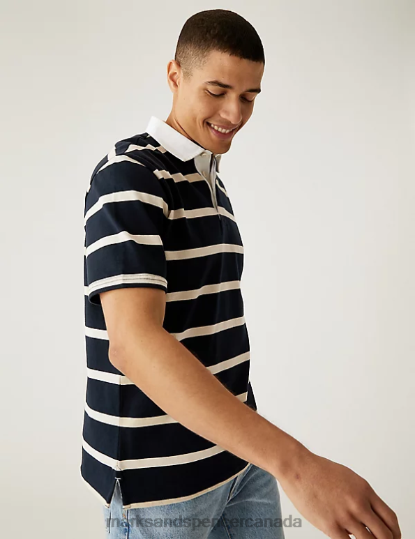 Men Dark Navy Clothing Marks & Spencer Pure Cotton Striped Rugby Shirt 20VTD6656 - Marks and Spencer Canada locations