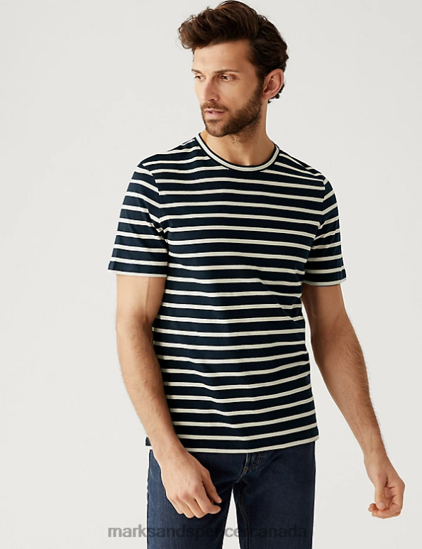 Marks and Spencer Canada - Men Dark Navy Clothing Marks & Spencer Pure Cotton Striped T-Shirt 20VTD5975