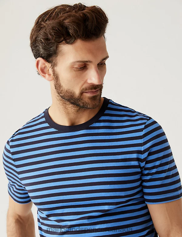 Men Dark Navy Clothing Marks & Spencer Pure Cotton Striped T-Shirt 20VTD6781 - Marks and Spencer outlet