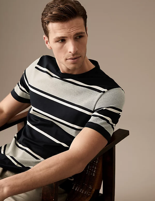 Men Dark Navy Clothing Marks & Spencer Pure Cotton Striped Textured T-Shirt 20VTD6268 - Marks and Spencer online