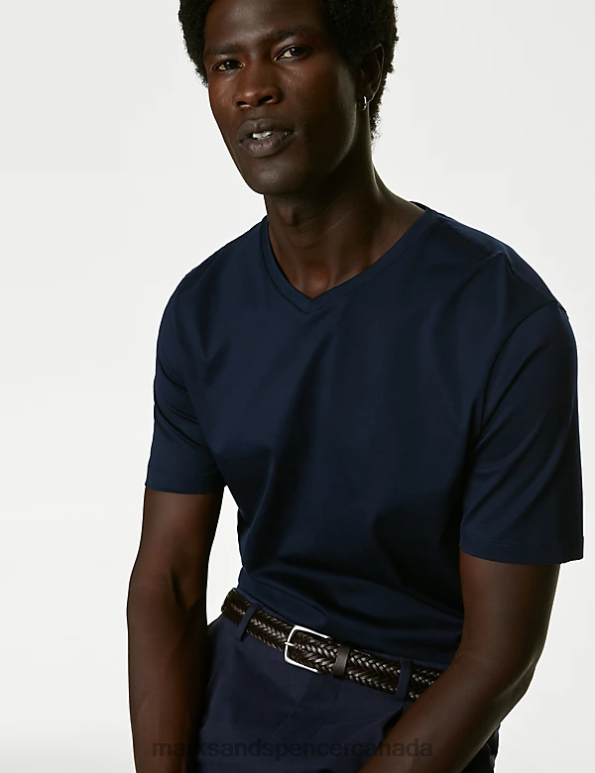 Men Dark Navy Clothing Marks & Spencer Pure Supima Cotton V-Neck T-Shirt 20VTD5691 - Marks and Spencer Canada locations