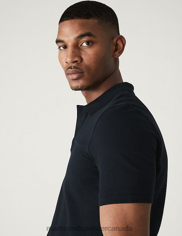 Men Dark Navy Clothing Marks & Spencer Slim Fit Pure Cotton Pique Polo Shirt 20VTD6761 - Marks and Spencer outlet