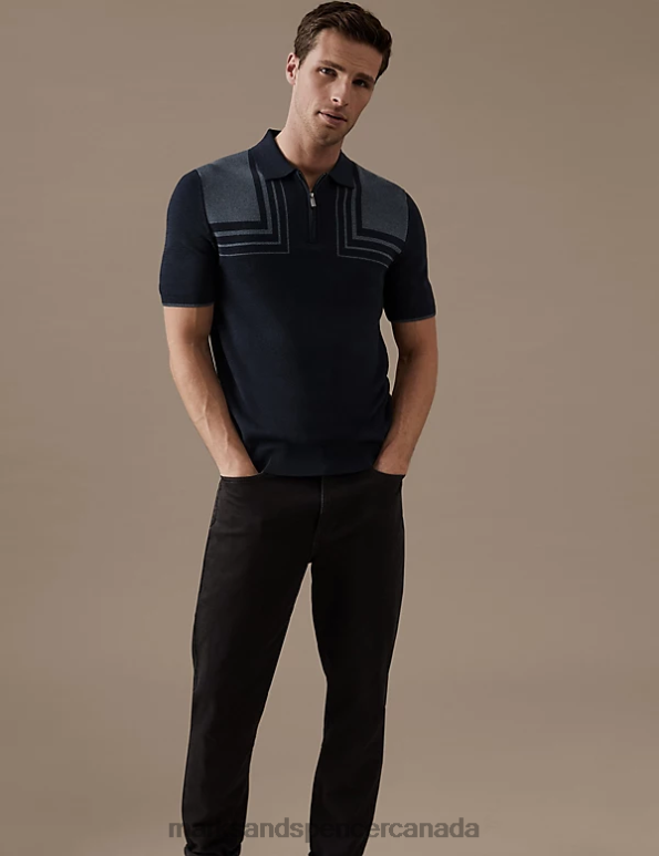 Men Dark Navy Mix Clothing Marks & Spencer Cotton Blend Colour Block Knitted Polo Shirt 20VTD5482 - Marks and Spencer online