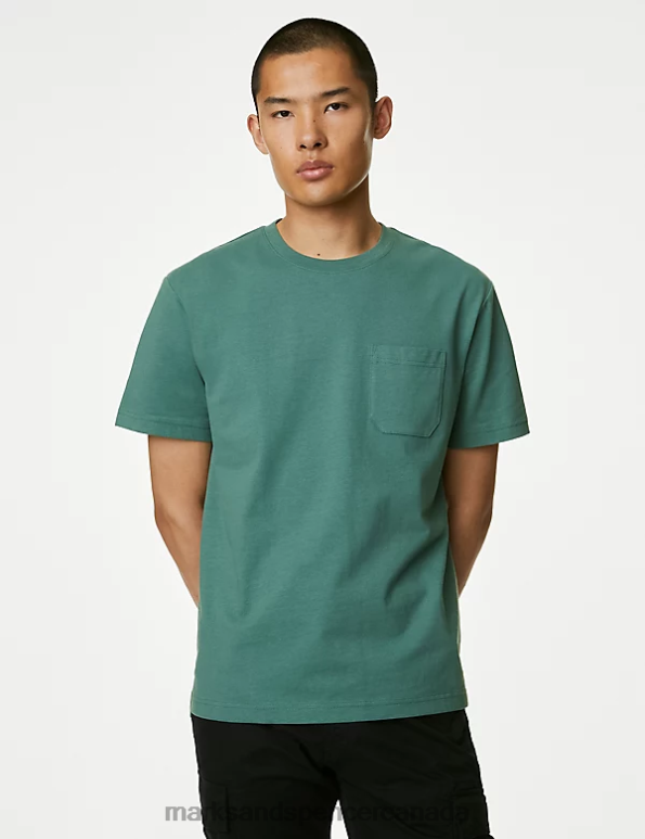 Marks and Spencer Canada - Men Dark Sage Clothing Marks & Spencer Pure Cotton Heavyweight T-Shirt 20VTD5363