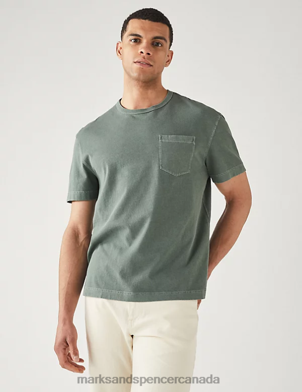 Men Dark Sage Clothing Marks & Spencer Relaxed Fit Pure Cotton Crew Neck T-Shirt 20VTD6990 - Marks and Spencer Canada locations