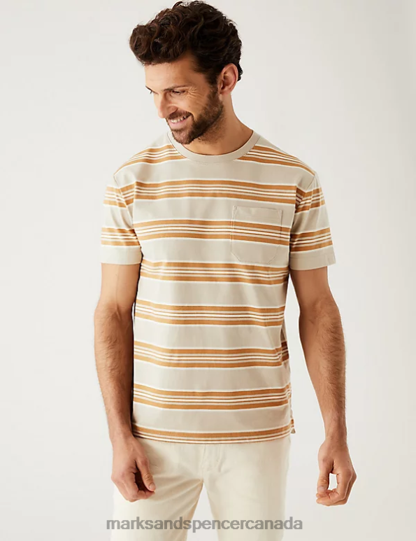 Marks and Spencer sale - Men Dark Stone Clothing Marks & Spencer Pure Cotton Striped Heavy Weight T-Shirt 20VTD7110