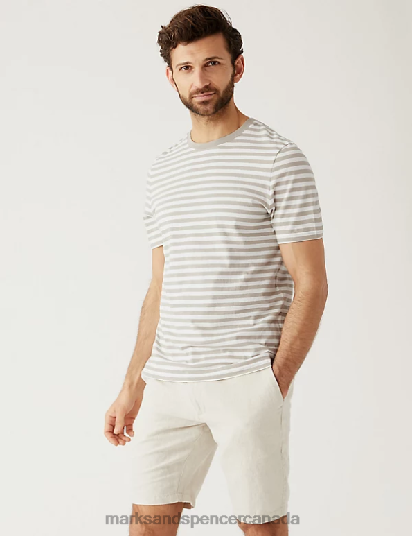 Men Dark Stone Clothing Marks & Spencer Pure Cotton Striped T-Shirt 20VTD6444 - Marks and Spencer online