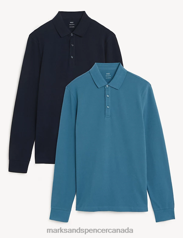 Men Dark Turquoise Clothing Marks & Spencer 2pk Pure Cotton Long Sleeve Polo Shirts 20VTD5080 - Marks and Spencer outlet