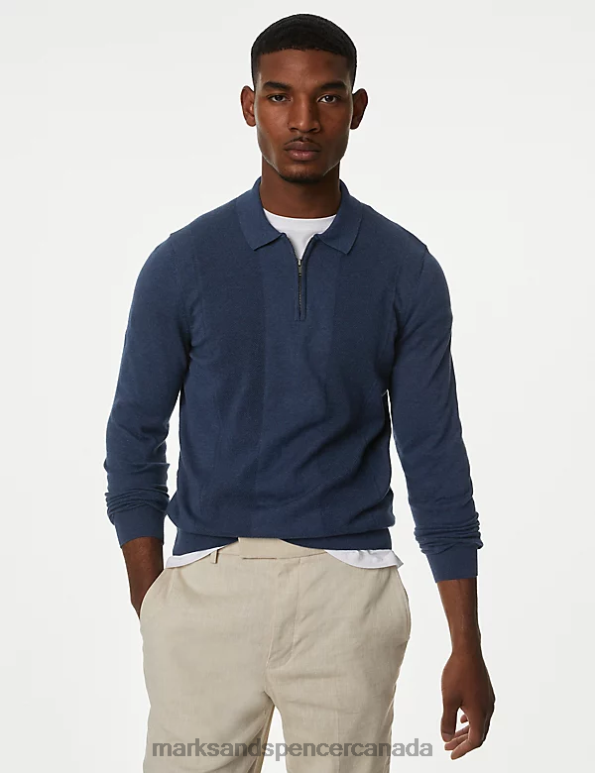 Marks and Spencer Canada - Men Denim Clothing Marks & Spencer Cotton Rich Zip Up Knitted Polo Shirt 20VTD6584