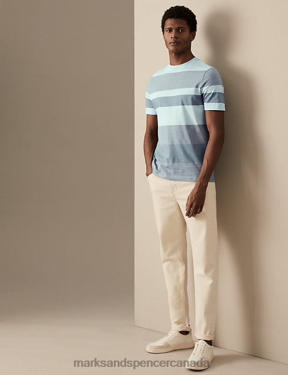 Marks and Spencer sale - Men Duck Egg Clothing Marks & Spencer Pure Cotton Striped T-Shirt 20VTD6467