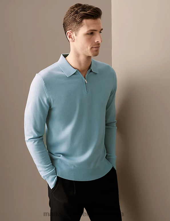 Marks and Spencer sale - Men Duck Egg Clothing Marks & Spencer Pure Extra Fine Merino Wool Knitted Polo 20VTD7065