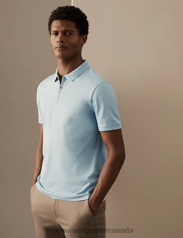 Men Duck Egg Clothing Marks & Spencer Pure Supima Cotton Zip Up Polo Shirt 20VTD6006 - Marks and Spencer outlet