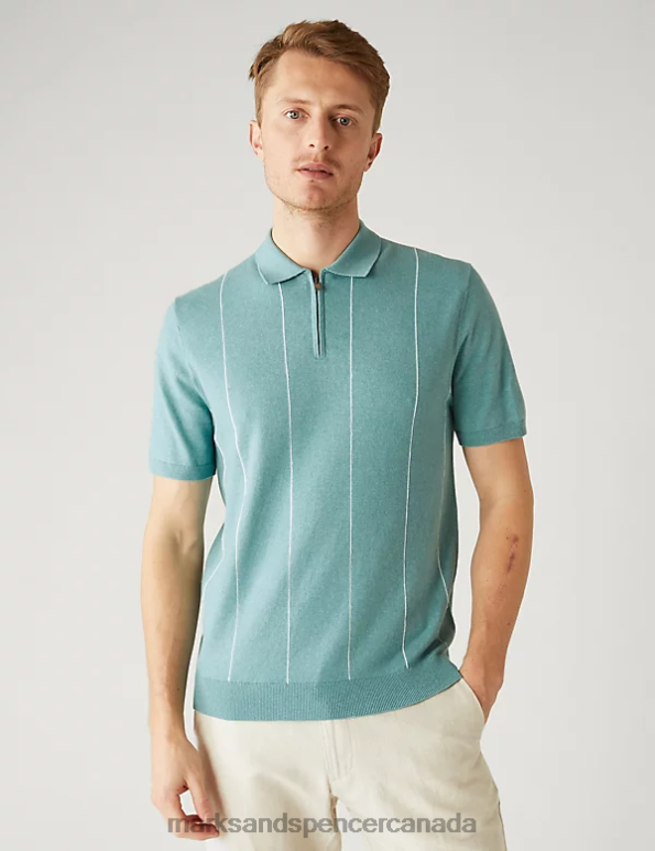 Men Dusted Aqua Clothing Marks & Spencer Cotton Rich Striped Knitted Polo Shirt 20VTD6884 - Marks and Spencer Canada locations