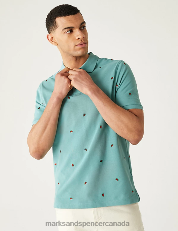 Marks and Spencer Canada - Men Dusted Aqua Clothing Marks & Spencer Pure Cotton Pique Embroidered Polo Shirt 20VTD6553