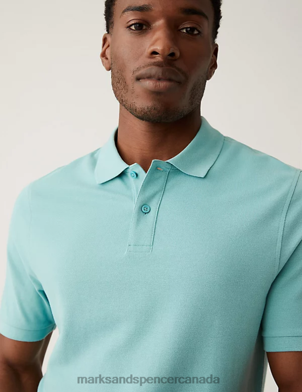 Men Dusted Aqua Clothing Marks & Spencer Pure Cotton Pique Polo Shirt 20VTD195 - Marks and Spencer Canada locations