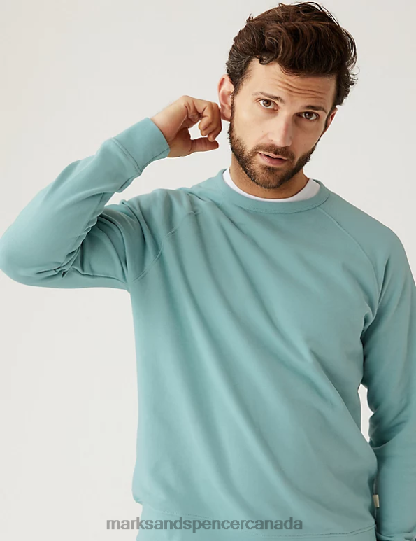 Marks and Spencer sale - Men Dusted Aqua Clothing Marks & Spencer Pure Cotton Raglan Crew Neck Sweatshirt 20VTD7533