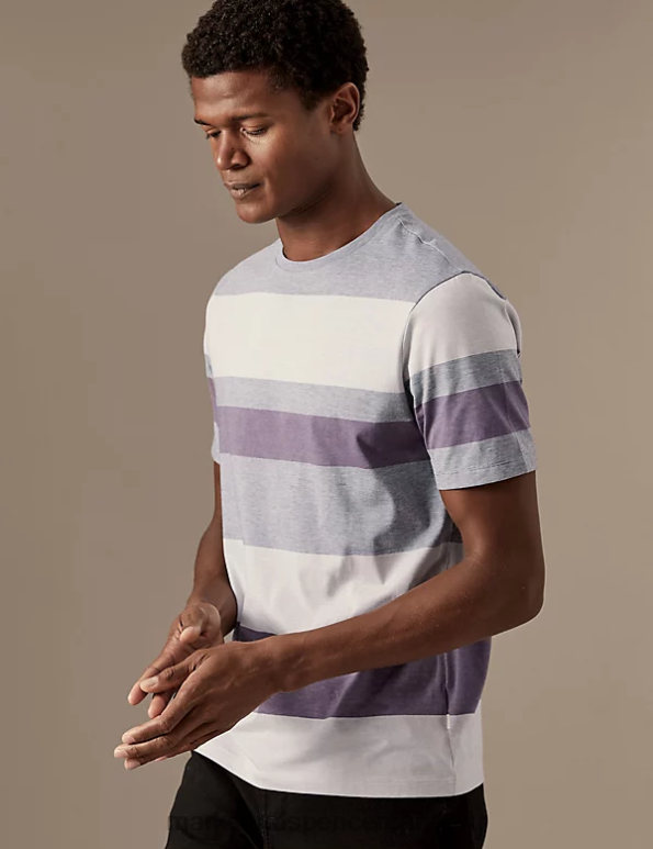 Marks and Spencer sale - Men Dusted Plum Clothing Marks & Spencer Pure Cotton Striped T-Shirt 20VTD6086