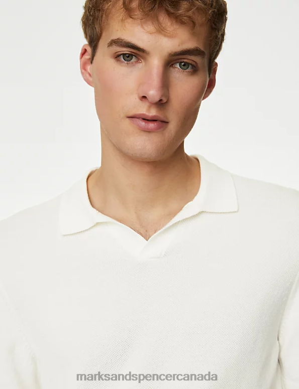 Marks and Spencer Canada - Men Ecru Clothing Marks & Spencer Cotton Rich Open Collar Knitted Polo Shirt 20VTD6920