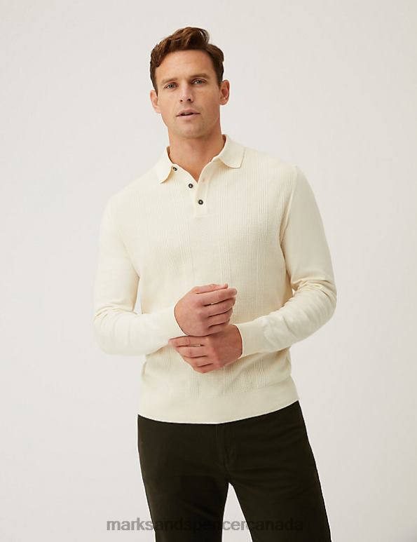 Marks and Spencer sale - Men Ecru Clothing Marks & Spencer Cotton Rich Textured Knitted Polo Shirt 20VTD6588