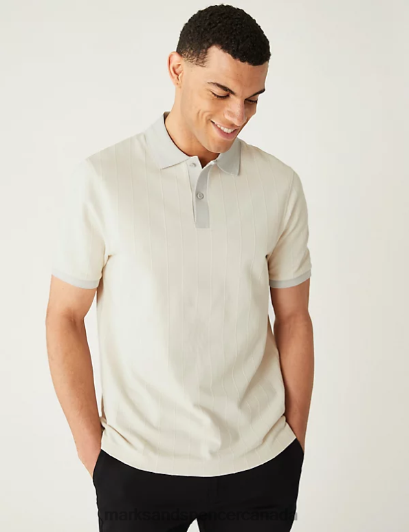 Marks and Spencer sale - Men Ecru Clothing Marks & Spencer Cotton Rich Textured Polo Shirt 20VTD5391