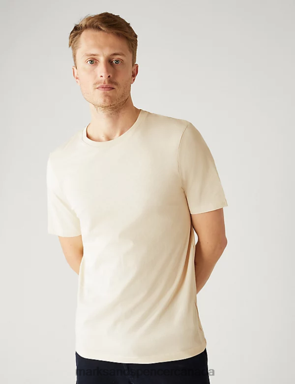 Marks and Spencer sale - Men Ecru Clothing Marks & Spencer Pure Cotton Crew Neck T-Shirt 20VTD151