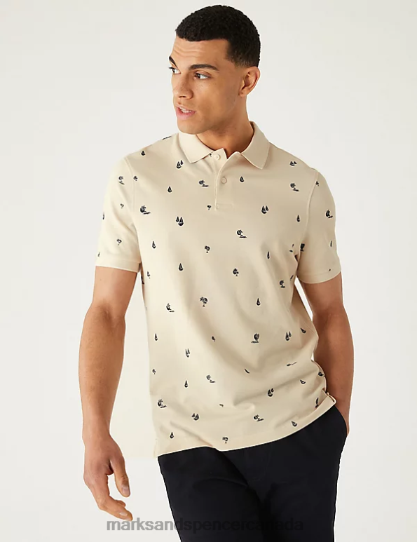 Marks and Spencer near me - Men Ecru Clothing Marks & Spencer Pure Cotton Palm Print Polo Shirt 20VTD6646