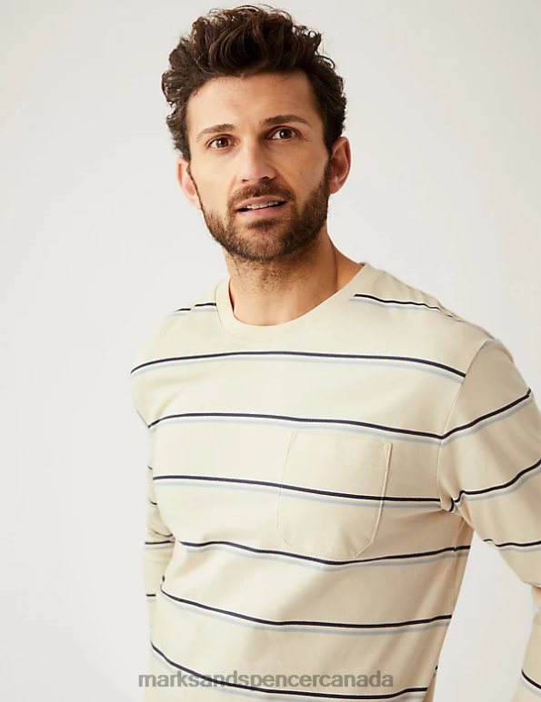 Men Ecru Clothing Marks & Spencer Pure Cotton Striped Heavy Weight T-Shirt 20VTD7006 - Marks and Spencer online