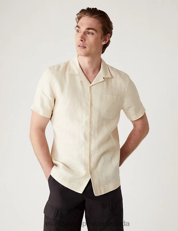 Marks and Spencer sale - Men Ecru Clothing Marks & Spencer Pure Linen Cuban Collar shirt 20VTD5999