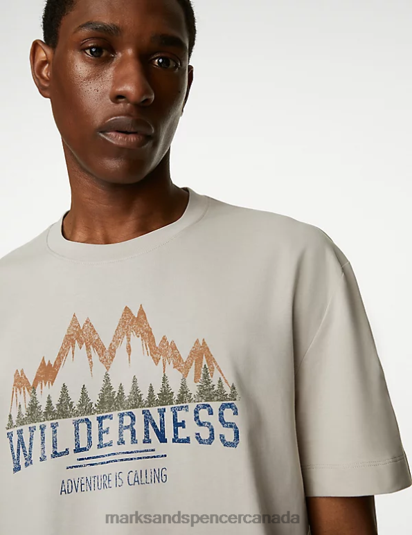 Marks and Spencer Canada - Men Ecru Clothing Marks & Spencer Relaxed Fit Pure Cotton Wilderness T-Shirt 20VTD5032