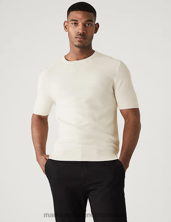 Marks and Spencer sale - Men Ecru Clothing Marks & Spencer Wool Blend Textured Knitted T-Shirt 20VTD6509