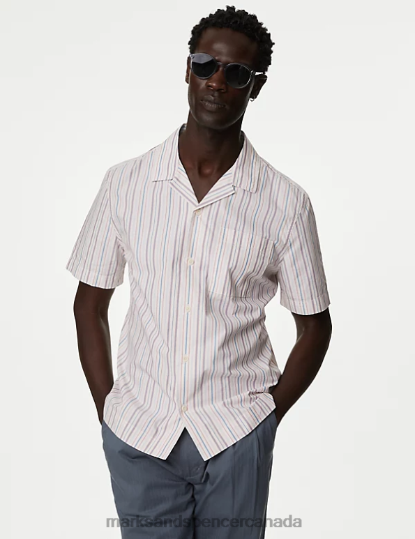 Men Ecru Mix Clothing Marks & Spencer Clarendon Pure Organic Cotton Cuban Collar Shirt 20VTD5827 - Marks and Spencer online