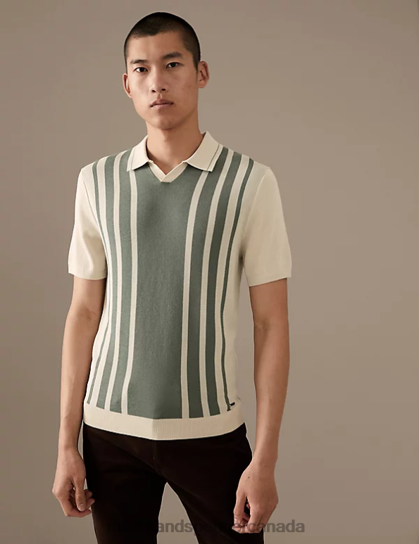 Men Ecru Mix Clothing Marks & Spencer Cotton Blend Striped Knitted Polo Shirt 20VTD6818 - Marks and Spencer outlet