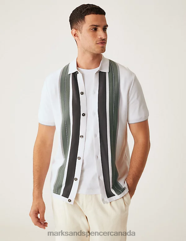 Marks and Spencer Canada - Men Ecru Mix Clothing Marks & Spencer Cotton Modal Striped Knitted Polo Shirt 20VTD5191