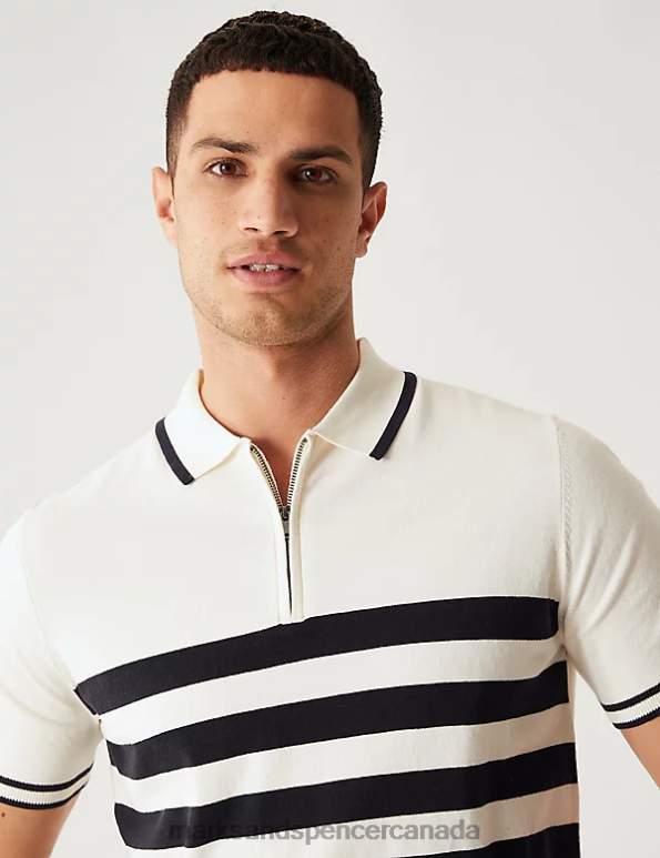 Men Ecru Mix Clothing Marks & Spencer Cotton Rich Striped Knitted Polo Shirt 20VTD5493 - Marks and Spencer outlet