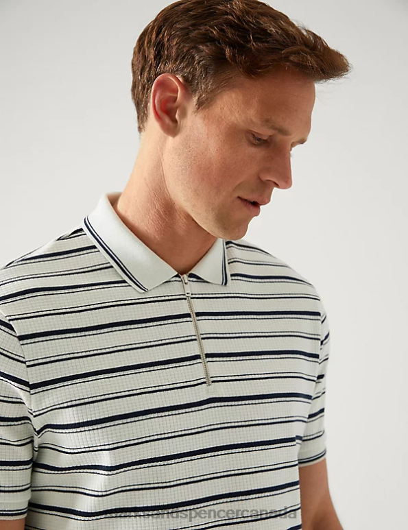 Men Ecru Mix Clothing Marks & Spencer Pure Cotton Striped Half Zip Polo Shirt 20VTD5972 - Marks and Spencer Canada locations