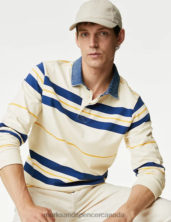 Marks and Spencer near me - Men Ecru Mix Clothing Marks & Spencer Pure Cotton Striped Rugby Shirt 20VTD4989