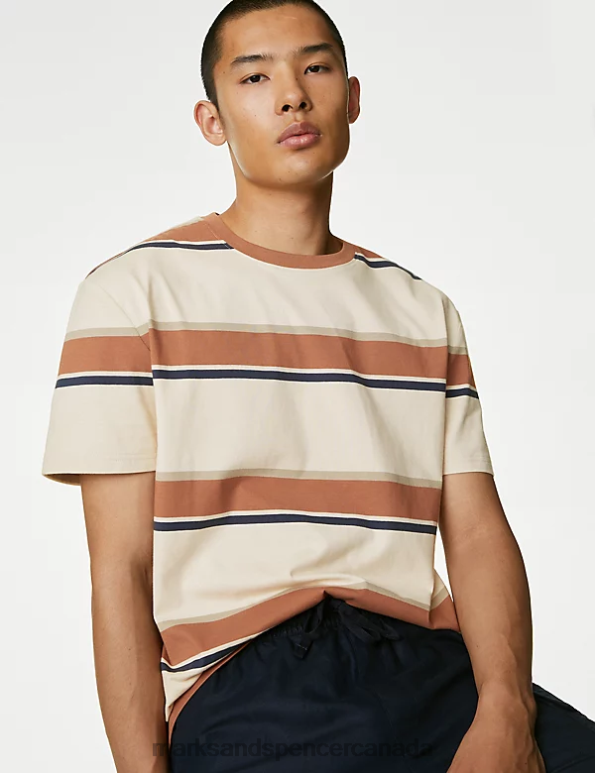 Marks and Spencer Canada - Men Ecru Mix Clothing Marks & Spencer Pure Cotton Striped T-Shirt 20VTD4923