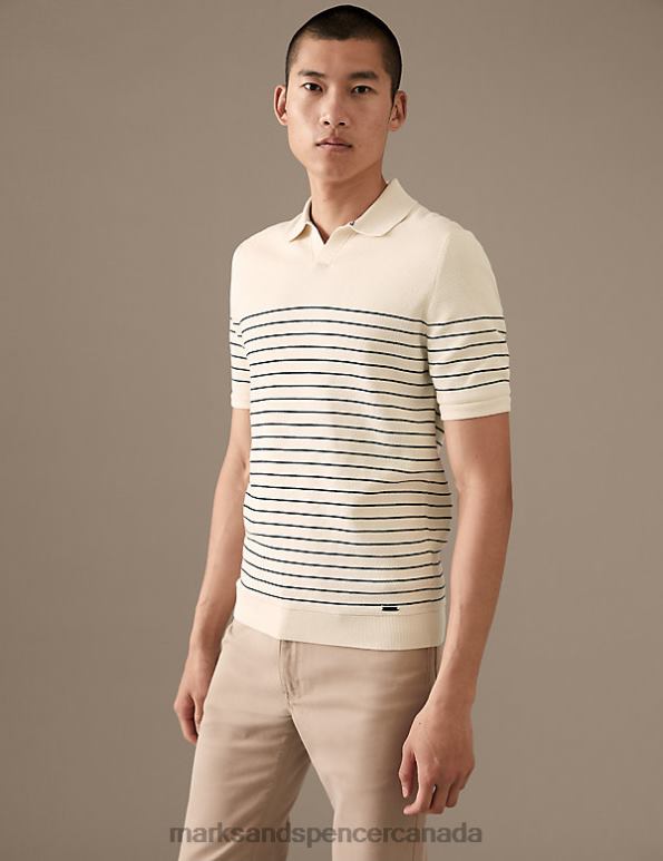 Marks and Spencer sale - Men Ecru Mix Clothing Marks & Spencer Pure Supima Cotton Striped Knitted Polo Shirt 20VTD5606