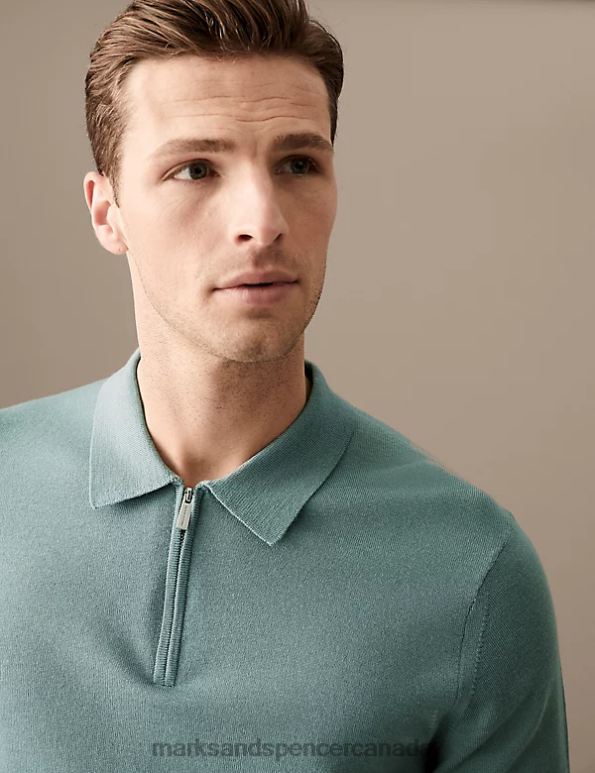 Men Faded Green Clothing Marks & Spencer Pure Extra Fine Merino Wool Knitted Polo 20VTD7066 - Marks and Spencer online