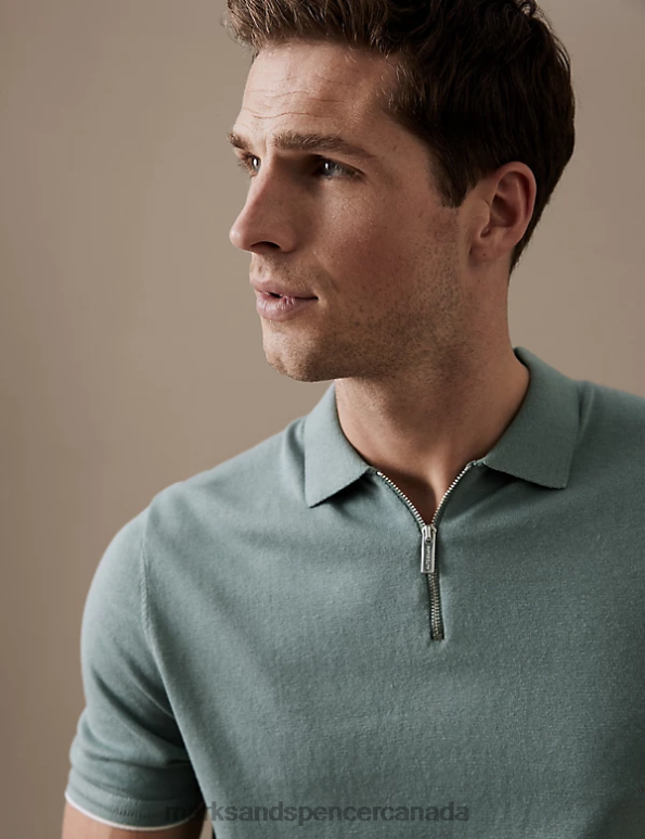 Marks and Spencer near me - Men Faded Green Clothing Marks & Spencer Silk Cotton Zip Neck Knitted Polo Shirt 20VTD6104