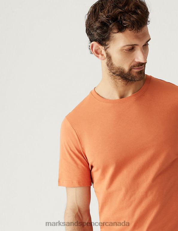 Men Faded Orange Clothing Marks & Spencer Pure Cotton Crew Neck T-Shirt 20VTD137 - Marks and Spencer outlet