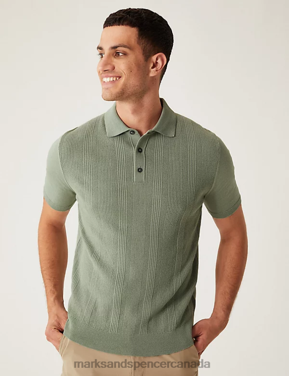 Men Green Clothing Marks & Spencer Cotton Rich Textured Knitted Polo Shirt 20VTD6277 - Marks and Spencer outlet