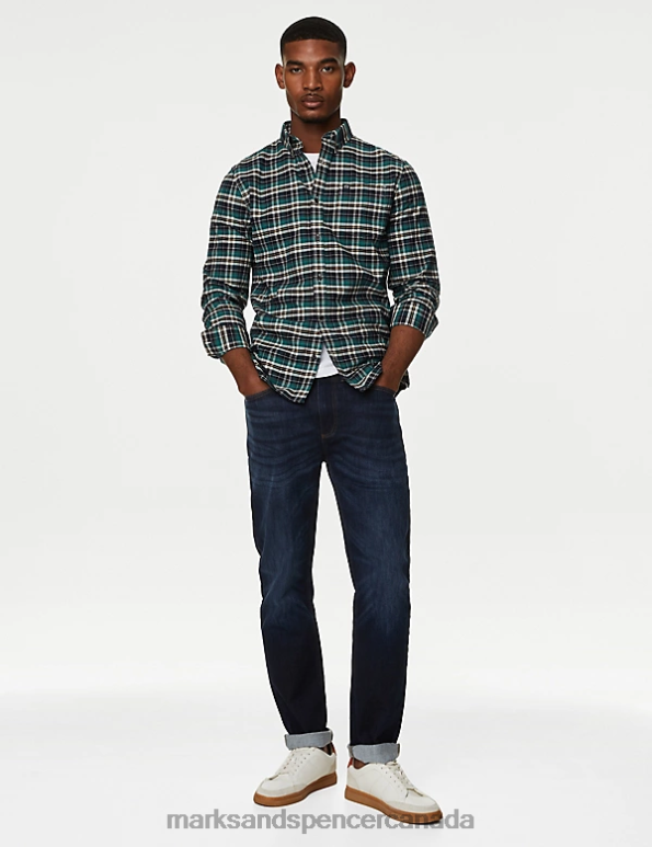 Marks and Spencer Canada - Men Green Mix Clothing Marks & Spencer Easy Iron Pure Cotton Check Oxford Shirt 20VTD5067