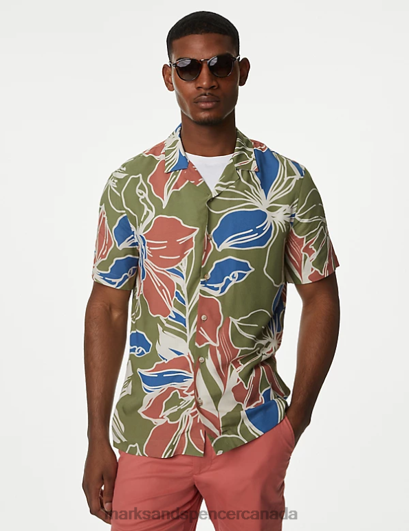 Men Green Mix Clothing Marks & Spencer Hawaiian Cuban Collar Shirt 20VTD5374 - Marks and Spencer Canada locations