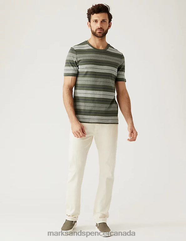 Marks and Spencer Canada - Men Green Mix Clothing Marks & Spencer Pure Cotton Double Knit Striped T-Shirt 20VTD5604