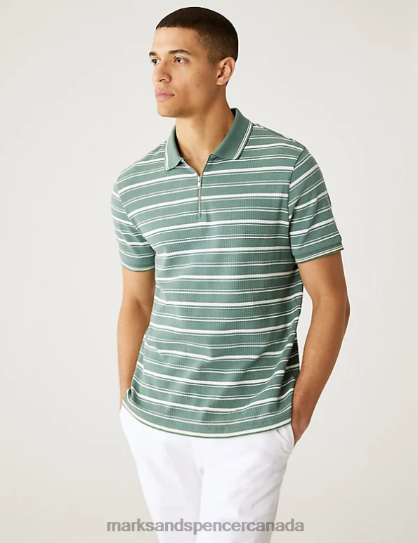 Men Green Mix Clothing Marks & Spencer Pure Cotton Striped Half Zip Polo Shirt 20VTD5971 - Marks and Spencer online