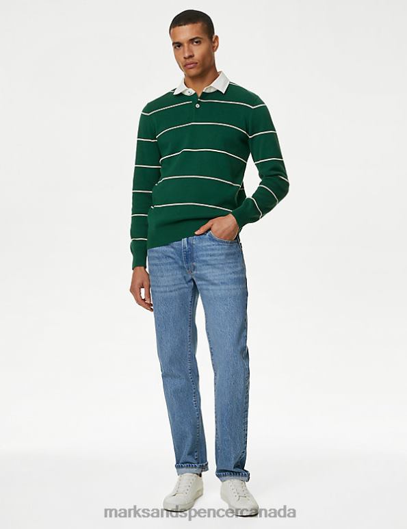 Marks and Spencer sale - Men Green Mix Clothing Marks & Spencer Pure Cotton Striped Knitted Rugby Shirt 20VTD6627