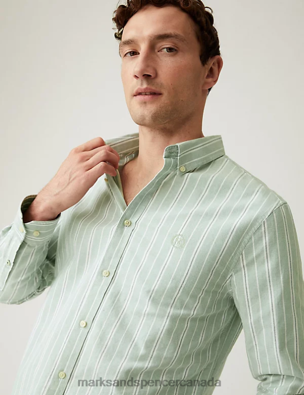 Marks and Spencer near me - Men Green Mix Clothing Marks & Spencer Pure Cotton Striped Oxford Shirt 20VTD5968