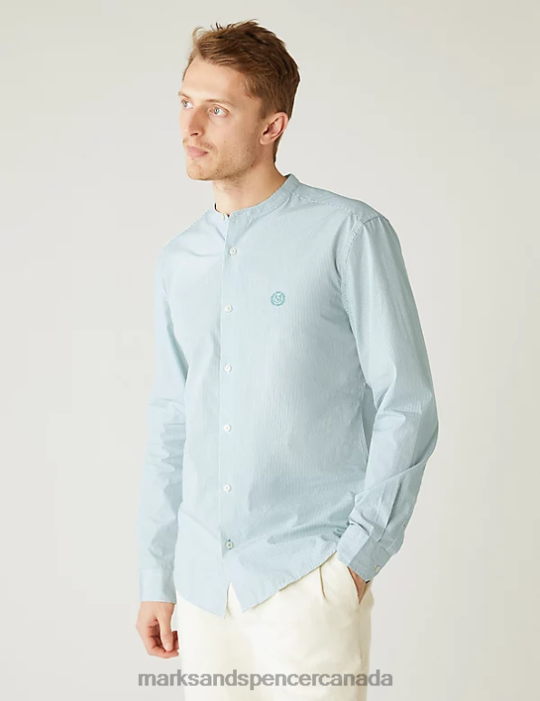 Men Green Mix Clothing Marks & Spencer Pure Supima Cotton Grandad Collar Shirt 20VTD5668 - Marks and Spencer online